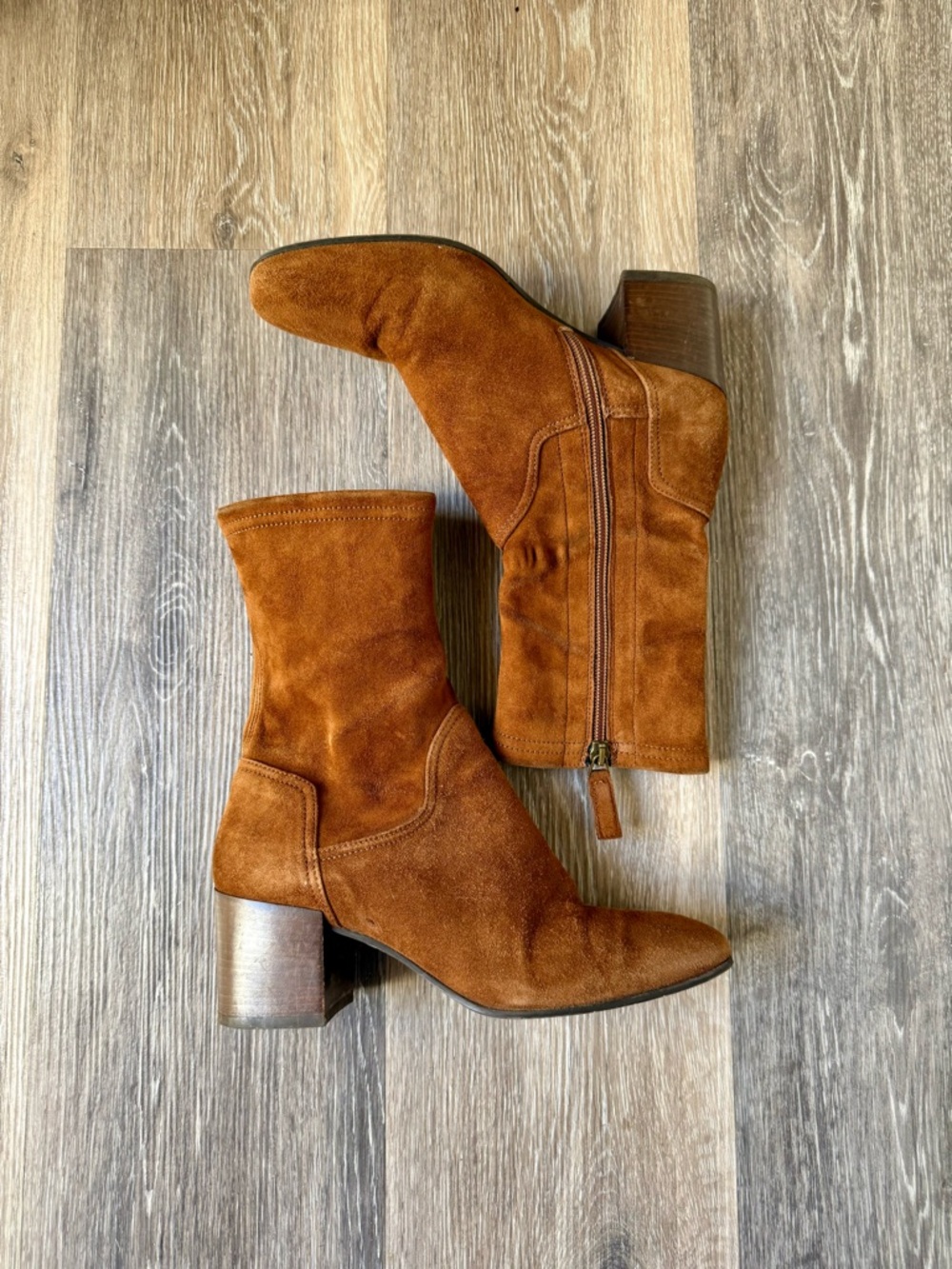 Aquatalia STASSI Brown Suede Mid-Calf Block Heel Boots Made in Italy Size 7.5